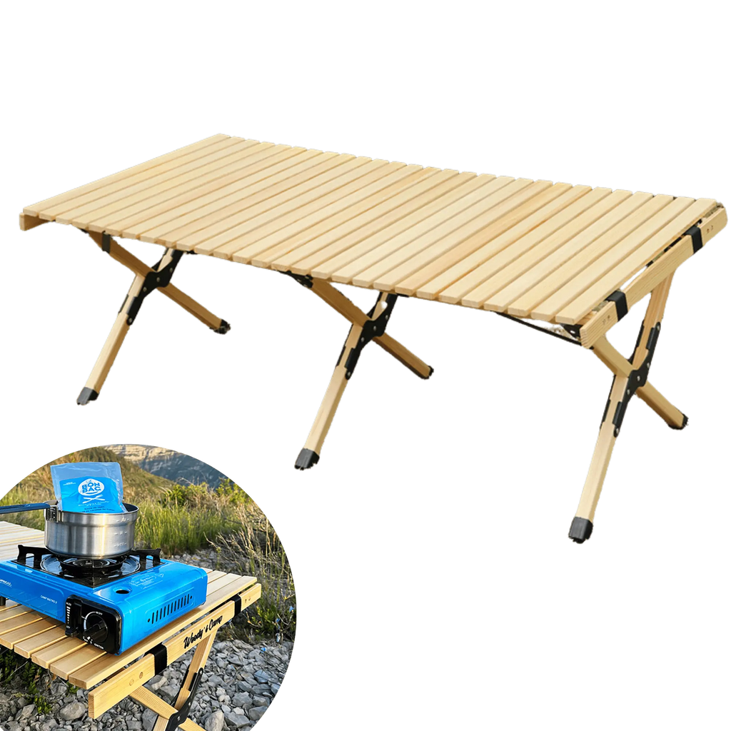 Table en bois pliable pour camping avec un système de charnières robustes, surface de 120x60 cm, idéale pour 4 à 6 personnes.