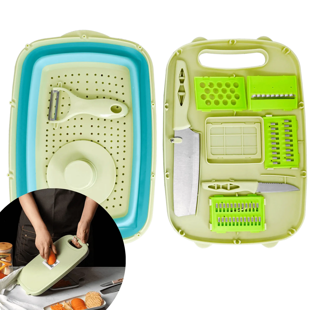 Planche à découper mandoline 9-en-1 avec accessoires en silicone, idéale pour la cuisine mobile et les solutions de rangement dans les véhicules.