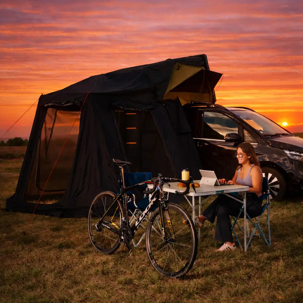 annexe tente de toit Famille XL, annexe tente de toit familiale, auvent tente de toit, annexe camping étanche, salon de camping extérieur, accessoire tente de toit Famille, annexe vanlife, auvent tente de toit Lexagones