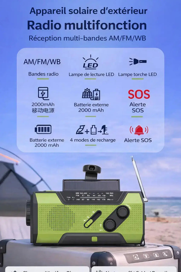 Radio de Survie Solaire Multifonction–Manivelle, Powerbank & Lampe d'Urgence Woody’s Camp