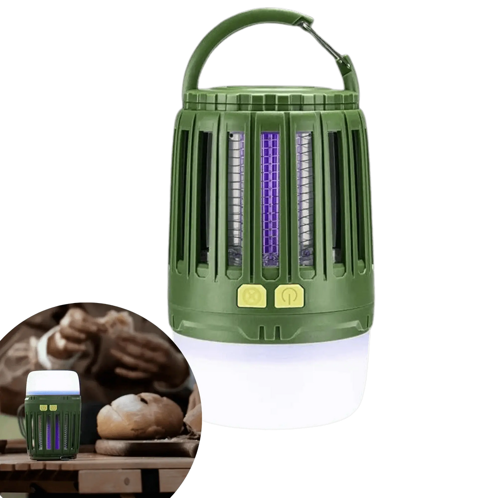 Lampe anti-moustique multifonction pour éclairage et protection en camping, compacte et efficace contre les moustiques.