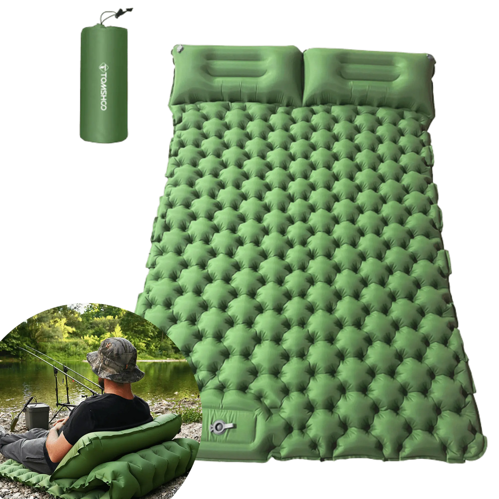 Matelas de camping gonflable vert avec oreillers intégrés, sac de transport compact et design adapté à la vie en plein air pour le camping en tente ou en van.