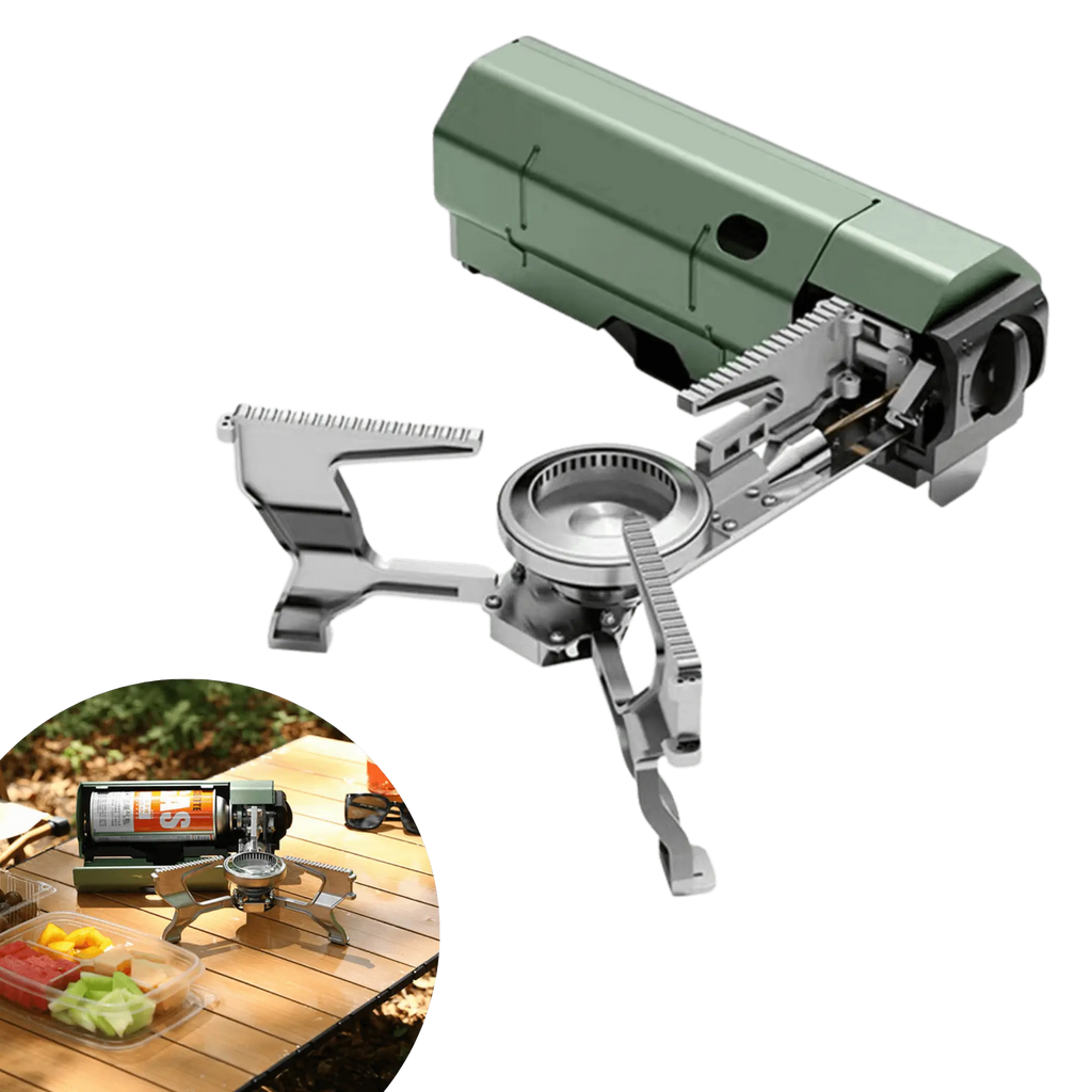 Réchaud de camping pliable pour la cuisine en plein air, compact et puissant, idéal pour le vanlife, le camping et la randonnée. Léger et facile à assembler.
