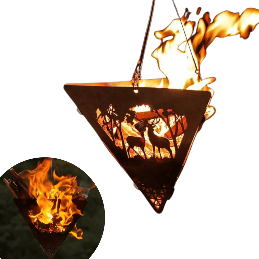Pit à feu triangulaire avec suspension, conçu pour le barbecue extérieur portable, en acier inoxydable durable.