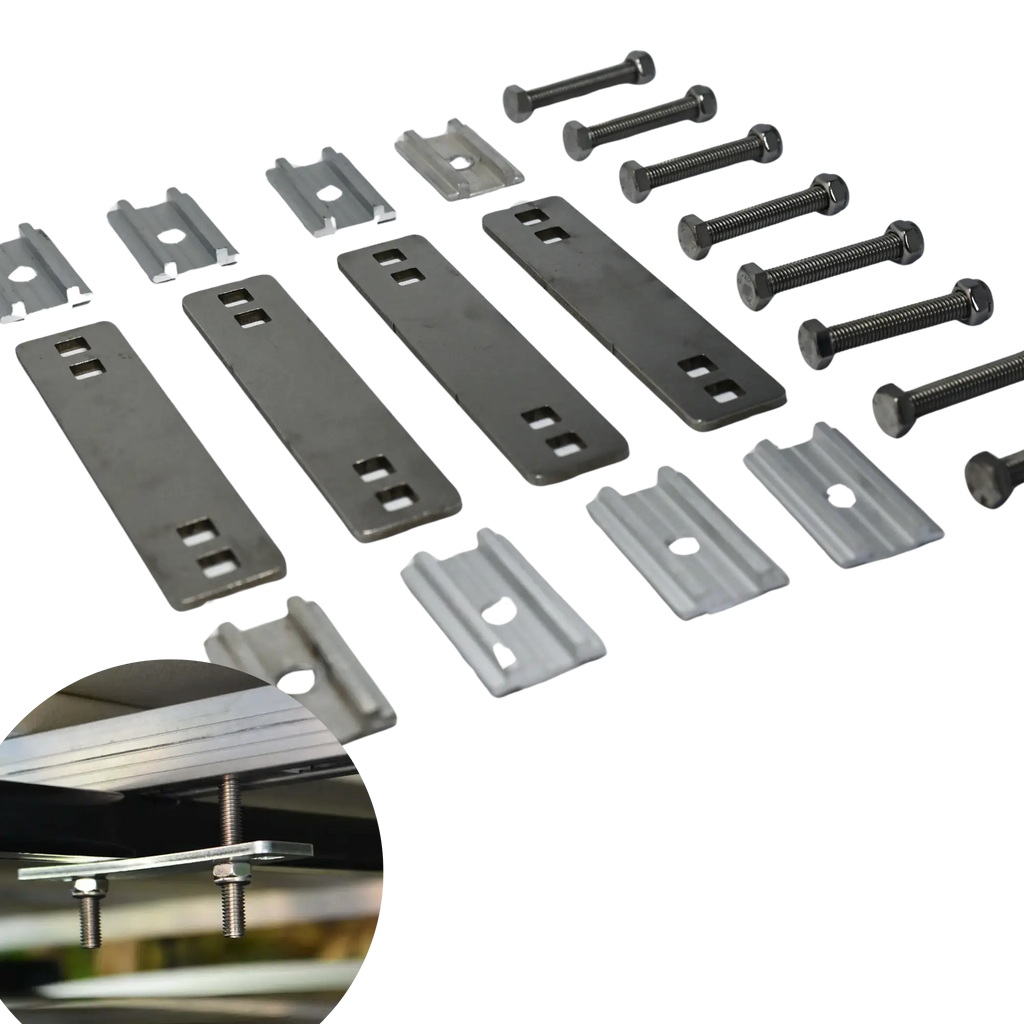 Kit Complet de Fixation Universelle pour Tente de Toit - 4 Plaques Aluminium + Vis Incluses
